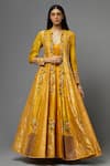 Buy_AUM by Asit and Ashima_Yellow Silk Embroidered Floral V Neck Cape With Anarkali  _at_Aza_Fashions