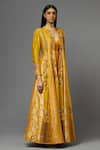 Shop_AUM by Asit and Ashima_Yellow Silk Embroidered Floral V Neck Cape With Anarkali  _Online_at_Aza_Fashions