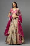 Buy_AUM by Asit and Ashima_Grey Silk Embroidered Floral Deep V Neck Thread And Blouse Lehenga Set  _at_Aza_Fashions