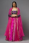 AUM by Asit and Ashima_Fuchsia Silk Embroidered Floral Square Neck Cape Lehenga Set _Online_at_Aza_Fashions