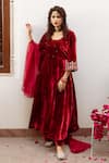 Buy_Maison Shefali_Maroon Anarkali And Pant Velvet Hand Embroidered Zardosi Zeya Gulaab Set _at_Aza_Fashions