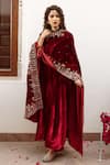 Buy_Maison Shefali_Maroon Anarkali And Pant Velvet Hand Embroidered Zardosi Zeya Gulaab Set _Online_at_Aza_Fashions