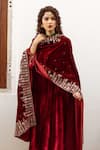 Shop_Maison Shefali_Maroon Anarkali And Pant Velvet Hand Embroidered Zardosi Zeya Gulaab Set _Online_at_Aza_Fashions