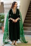 Buy_Maison Shefali_Green Anarkali And Pant Velvet Hand Embroidered Khizaan Panna Set _at_Aza_Fashions