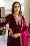 Maison Shefali_Purple Anarkali And Pant Velvet Hand Embroidered Zardosi Deep V Khizaan Set _at_Aza_Fashions