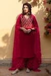 Buy_Maison Shefali_Red Kurta Velvet Hand Embroidered Zardosi V Neck Roya Gulabi Set _at_Aza_Fashions