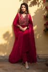 Maison Shefali_Red Kurta Velvet Hand Embroidered Zardosi V Neck Roya Gulabi Set _Online_at_Aza_Fashions