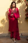 Shop_Maison Shefali_Red Kurta Velvet Hand Embroidered Zardosi V Neck Roya Gulabi Set _Online_at_Aza_Fashions
