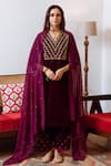 Buy_Maison Shefali_Purple Kurta Velvet Hand Embroidered Zardosi V Neck Roya Set _at_Aza_Fashions