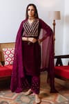 Maison Shefali_Purple Kurta Velvet Hand Embroidered Zardosi V Neck Roya Set _Online_at_Aza_Fashions