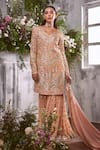 Buy_Shian_Peach Georgette Persian Fleur And Pearl Embellished Kurta Gharara Set  _at_Aza_Fashions