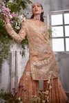 Shian_Peach Georgette Persian Fleur And Pearl Embellished Kurta Gharara Set  _Online_at_Aza_Fashions