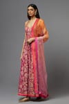 AUM by Asit and Ashima_Fuchsia Silk Embroidered Floral Deep V Neck Anarkali With Dupatta  _Online_at_Aza_Fashions