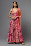 AUM by Asit and Ashima_Fuchsia Silk Embroidered Floral Deep V Neck Anarkali With Dupatta  _at_Aza_Fashions