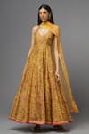 AUM by Asit and Ashima_Yellow Silk Embroidered Floral Deep V Neck Anarkali With Dupatta  _at_Aza_Fashions