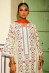 The Home Affair_Off White Cotton, Chiffon Embroidery Split A Line Floral Print Kurta Palazzo Set _Online_at_Aza_Fashions