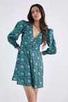 Buy_Label Kheerganga_Green Viscose Crepe Printed Scallop V Neck Fern June Dress _Online_at_Aza_Fashions