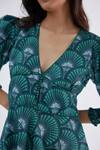 Label Kheerganga_Green Viscose Crepe Printed Scallop V Neck Fern June Dress _at_Aza_Fashions