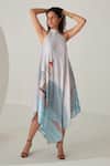 Buy_Label Kheerganga_Blue Viscose Crepe Printed Lighthouse Halter Neck Dress _at_Aza_Fashions