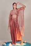 Buy_One Knot One_Pink Cape Pure Organza Embroidered Sequins Cape Open Swirl Skirt Set _at_Aza_Fashions