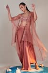 Shop_One Knot One_Pink Cape Pure Organza Embroidered Sequins Cape Open Swirl Skirt Set _at_Aza_Fashions