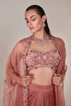 One Knot One_Pink Cape Pure Organza Embroidered Sequins Cape Open Swirl Skirt Set _at_Aza_Fashions