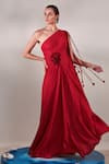 One Knot One_Red Metallic Georgette Embroidered Sequins One Floral Applique Draped Gown _Online_at_Aza_Fashions