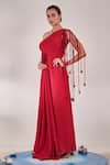 Buy_One Knot One_Red Metallic Georgette Embroidered Sequins One Floral Applique Draped Gown _Online_at_Aza_Fashions