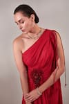 Shop_One Knot One_Red Metallic Georgette Embroidered Sequins One Floral Applique Draped Gown _Online_at_Aza_Fashions