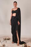 Buy_One Knot One_Black Saree Metallic Georgette Placed Floral Applique Pre-draped With Blouse_at_Aza_Fashions