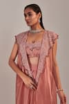 Shop_One Knot One_Pink Cape Organza Embroidered Sequins Cape Shawl Wave Draped Skirt Set_at_Aza_Fashions
