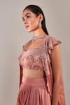 One Knot One_Pink Cape Organza Embroidered Sequins Cape Shawl Wave Draped Skirt Set_at_Aza_Fashions
