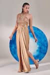 Buy_One Knot One_Gold Textured Satin Chiffon Embroidered Sequins Halter Floral Applique Gown _Online_at_Aza_Fashions