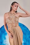 Shop_One Knot One_Gold Textured Satin Chiffon Embroidered Sequins Halter Floral Applique Gown _Online_at_Aza_Fashions