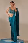 Buy_One Knot One_Blue Saree Crinkled Satin Crepe Floral Applique Pattern Pre-draped With Blouse _at_Aza_Fashions