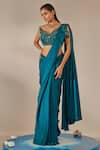 Buy_One Knot One_Blue Saree Crinkled Satin Crepe Floral Applique Pattern Pre-draped With Blouse _Online_at_Aza_Fashions