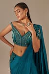 Shop_One Knot One_Blue Saree Crinkled Satin Crepe Floral Applique Pattern Pre-draped With Blouse _Online_at_Aza_Fashions