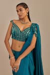 Shop_One Knot One By Ashna_Blue Saree Crinkled Satin Crepe Floral Applique Pattern Pre-draped With Blouse _at_Aza_Fashions