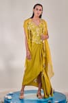 Buy_One Knot One_Yellow Cape Satin Organza Embroidered Sequins Cape Open Asymmetric Skirt Set _at_Aza_Fashions