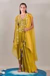 Shop_One Knot One_Yellow Cape Satin Organza Embroidered Sequins Cape Open Asymmetric Skirt Set _at_Aza_Fashions