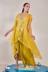 Buy_One Knot One By Ashna_Yellow Cape Satin Organza Embroidered Sequins Cape Open Asymmetric Skirt Set _Online_at_Aza_Fashions