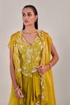 Shop_One Knot One By Ashna_Yellow Cape Satin Organza Embroidered Sequins Cape Open Asymmetric Skirt Set _Online_at_Aza_Fashions