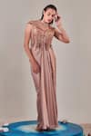 Buy_One Knot One_Beige Satin Embroidered Sequins Boat Neck Applique Gown_at_Aza_Fashions