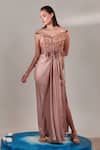 Buy_One Knot One_Beige Satin Embroidered Sequins Boat Neck Applique Gown_Online_at_Aza_Fashions