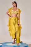 Buy_One Knot One_Yellow Cape Pure Organza Embroidered Sequins Cape Open Zardozi Skirt Set _at_Aza_Fashions