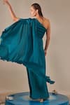 One Knot One_Blue Crinkled Satin Crepe Embroidered Sequins One Shoulder Embellished Gown_Online_at_Aza_Fashions
