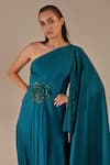 Shop_One Knot One_Blue Crinkled Satin Crepe Embroidered Sequins One Shoulder Embellished Gown_at_Aza_Fashions