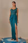 Buy_One Knot One_Blue Crinkled Satin Crepe Embroidered Sequins Embellished Side Slit Gown _at_Aza_Fashions