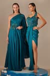 One Knot One_Blue Crinkled Satin Crepe Embroidered Sequins Embellished Side Slit Gown _Online_at_Aza_Fashions