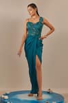 Buy_One Knot One_Blue Crinkled Satin Crepe Embroidered Sequins Embellished Side Slit Gown _Online_at_Aza_Fashions